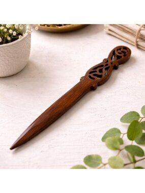 Hand-Carved Wooden Letter Opener With Intricate Filigree Design - Vintage Style